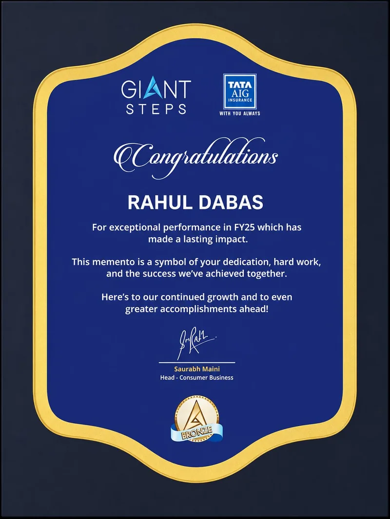 Giant Steps Tata AIG Bronze Award — Rahul Dabas FY25 Exceptional Performance